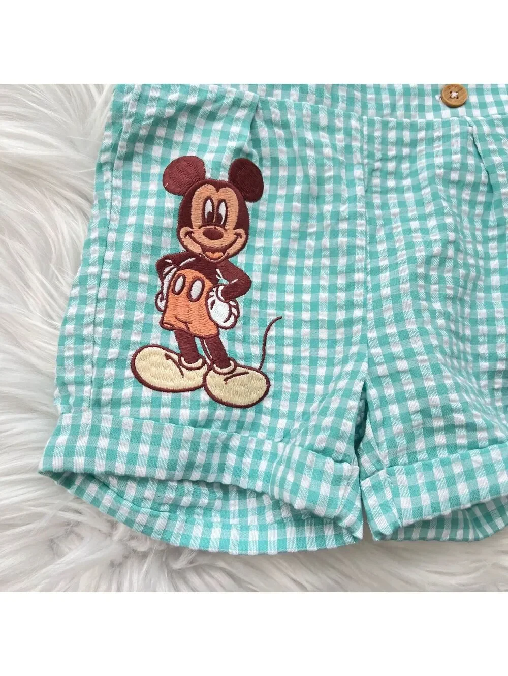 NWT Disney Baby Mickey Mouse Gingham Shortall Overalls 0-3M Aqua Embroidered